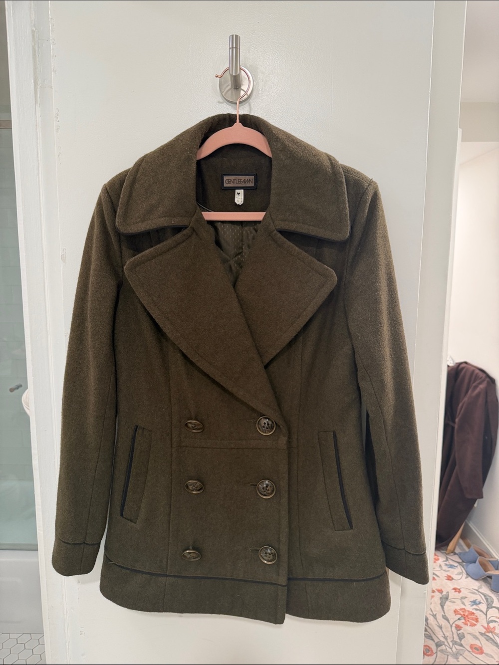 Women's Double-Breasted Olive Peacoat